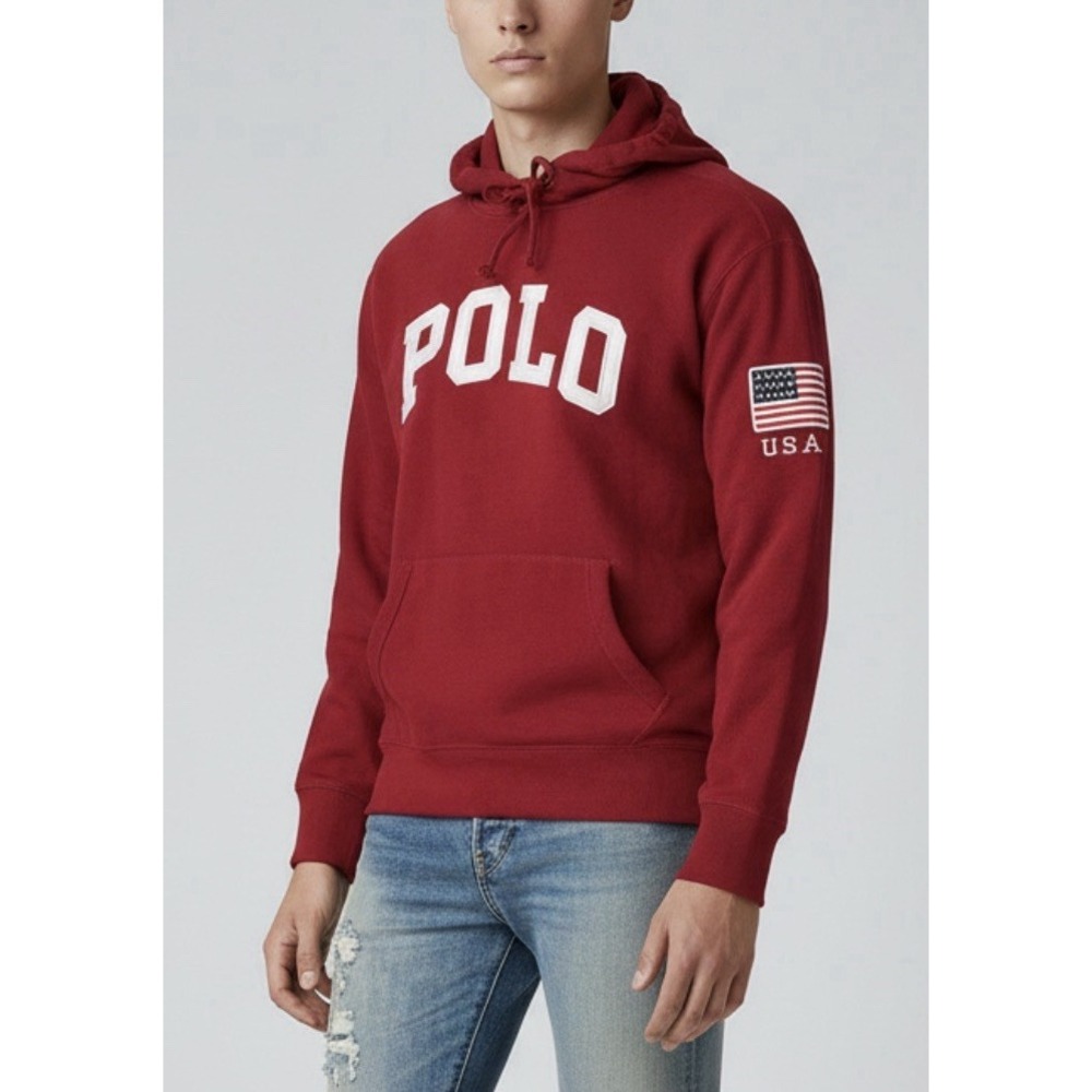 Polo Ralph Lauren Red Hoodie L Spell Out American Flag Fleece Y2K Aesthetic
